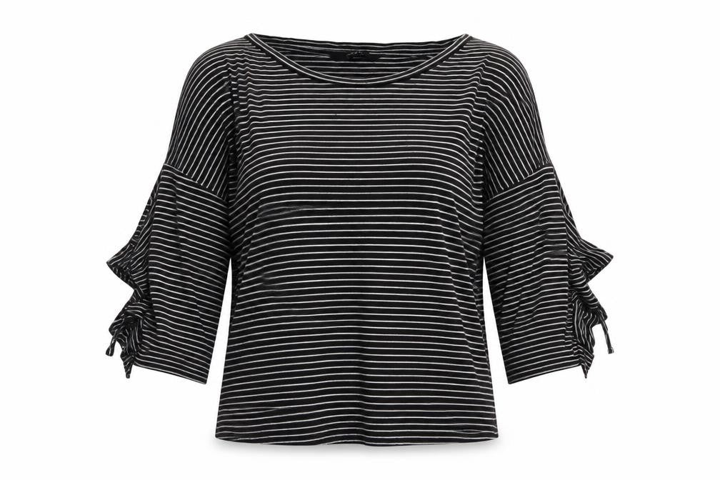 Front view of Next Women’s Black Striped Cold Shoulder Jersey Top, size UK 12