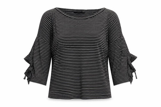 Front view of Next Women’s Black Striped Cold Shoulder Jersey Top, size UK 12