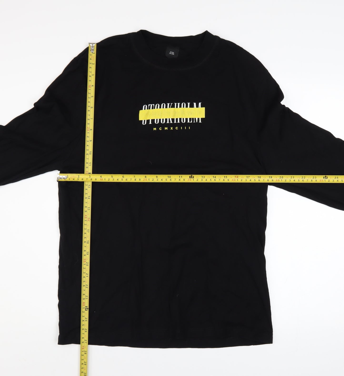 River Island Men's Black Long Sleeve Stockholm Graphic Cotton Top Size M