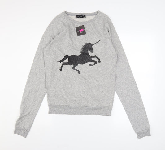 Topshop Tall Women's Grey Unicorn Print Cotton Blend Sweatshirt UK 10