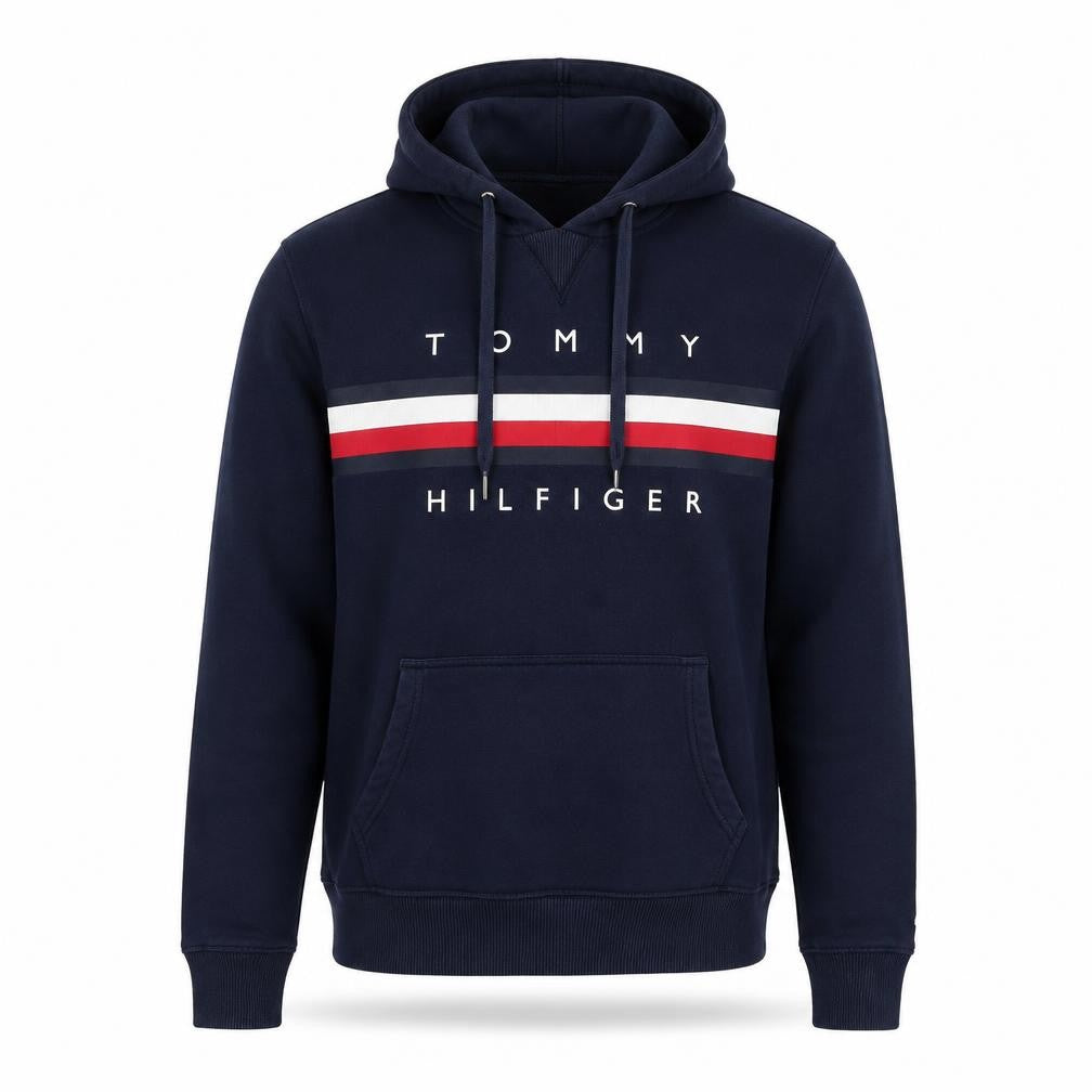 Front view of Tommy Hilfiger Men's Blue Pullover Hoodie L Logo Fleece
