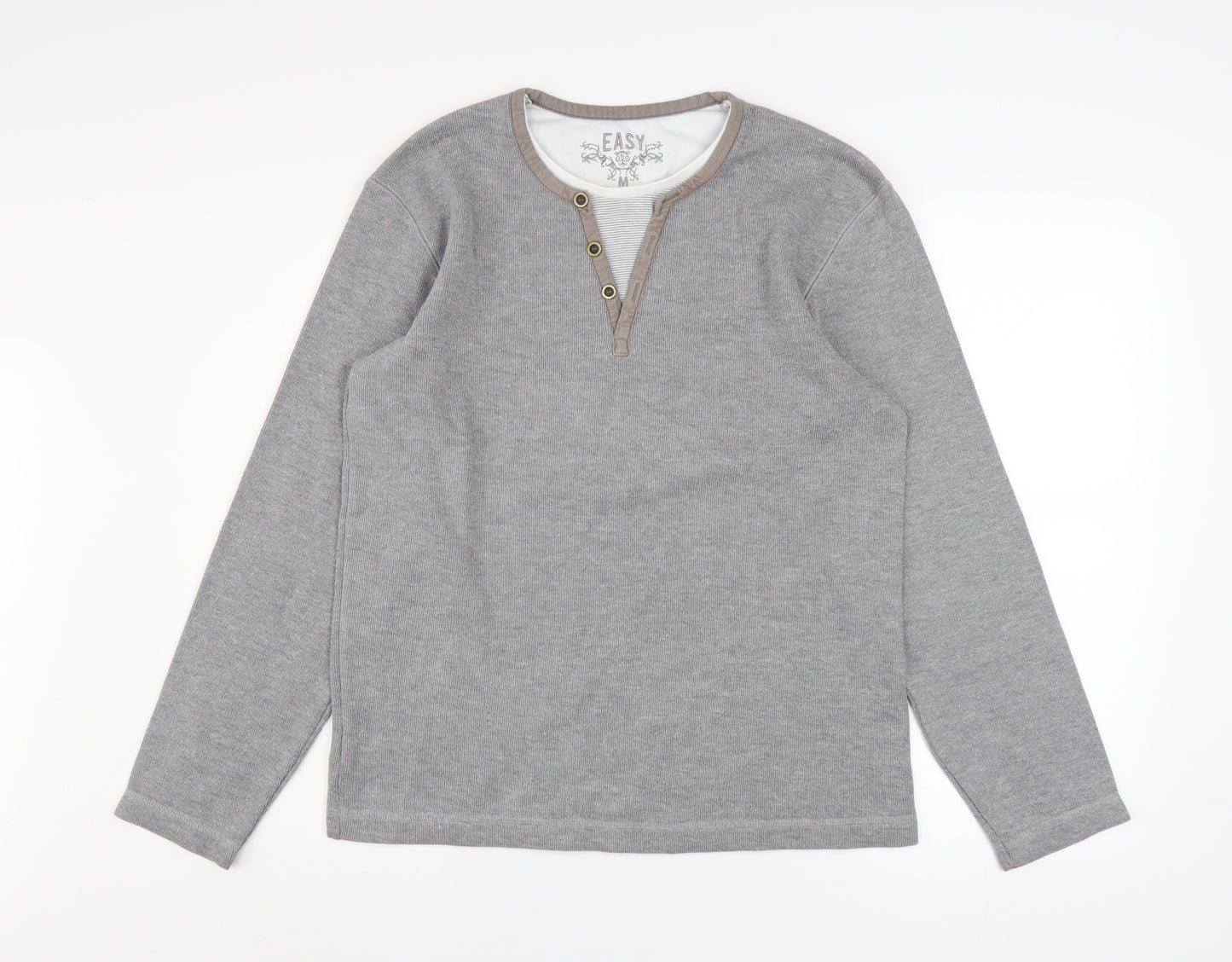 Easy Men's Grey Henley Knit Jumper Size M Cotton Blend