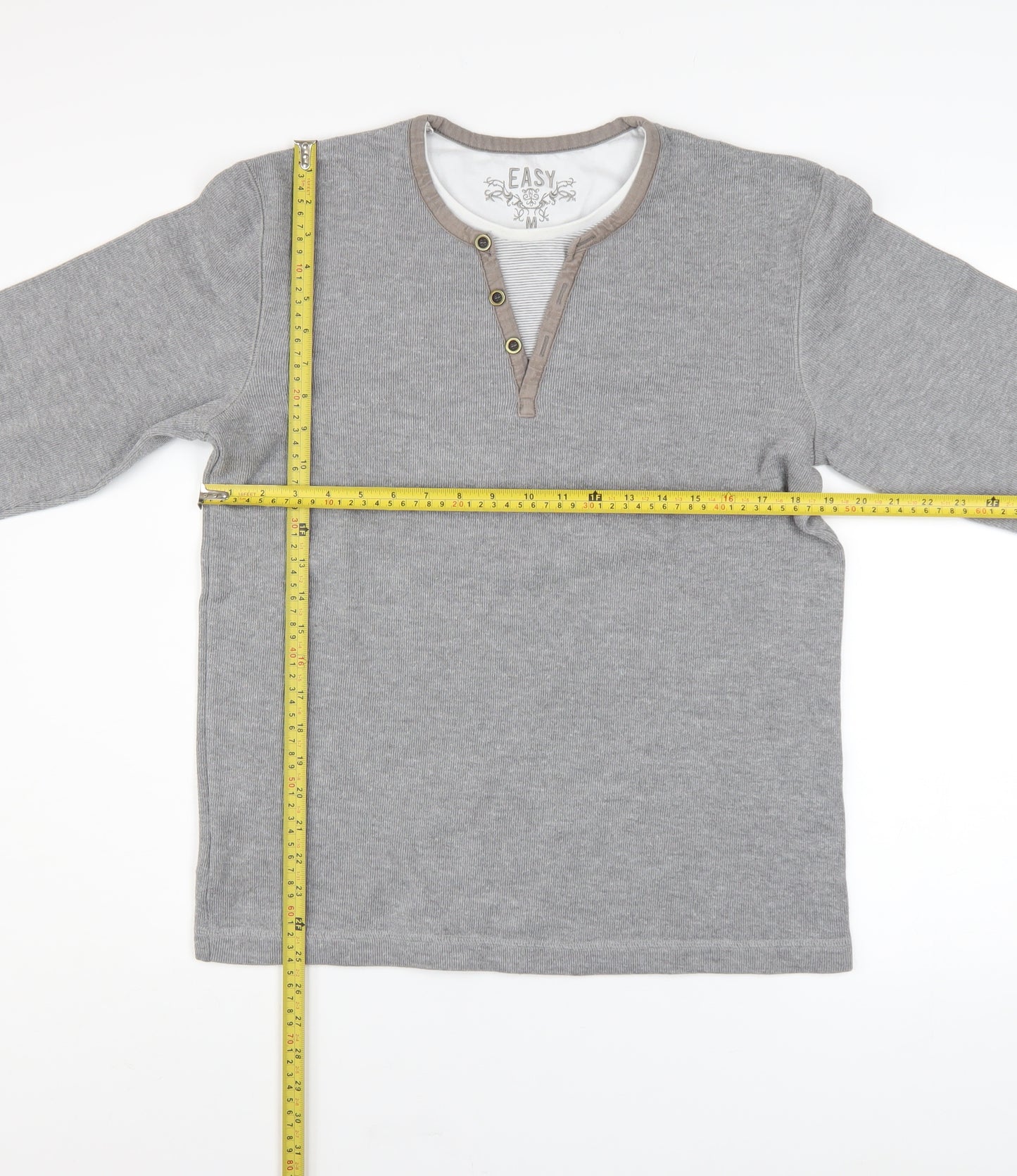 Easy Men's Grey Henley Knit Jumper Size M Cotton Blend