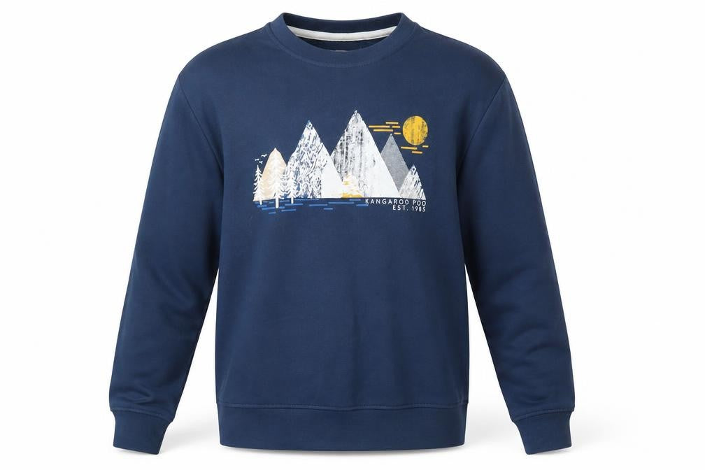 Front view of Kangaroo Poo Men’s Blue Graphic Crew Neck Sweatshirt, size M