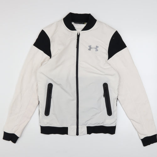 Under Armour Mens White Black Bomber Jacket Small Fitted Lightweight Zip Pockets