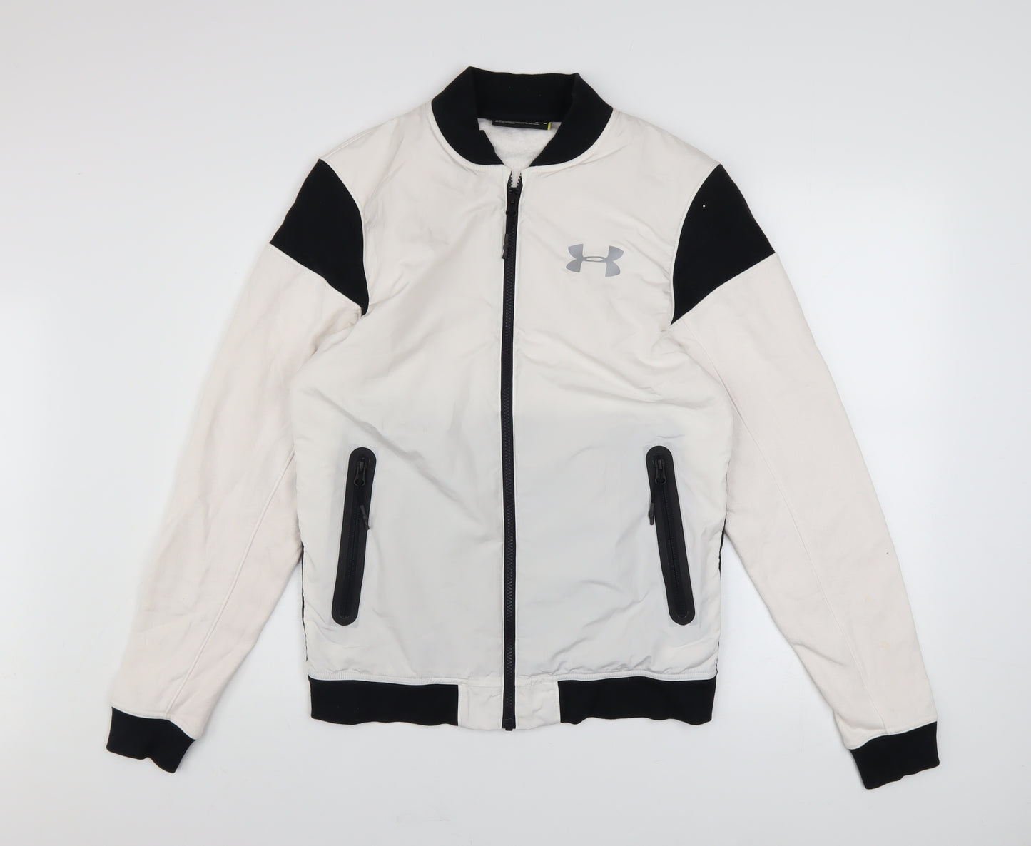 Under Armour Mens White Black Bomber Jacket Small Fitted Lightweight Zip Pockets