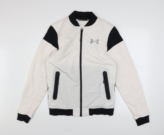 Under Armour Mens White Black Bomber Jacket Small Fitted Lightweight Zip Pockets