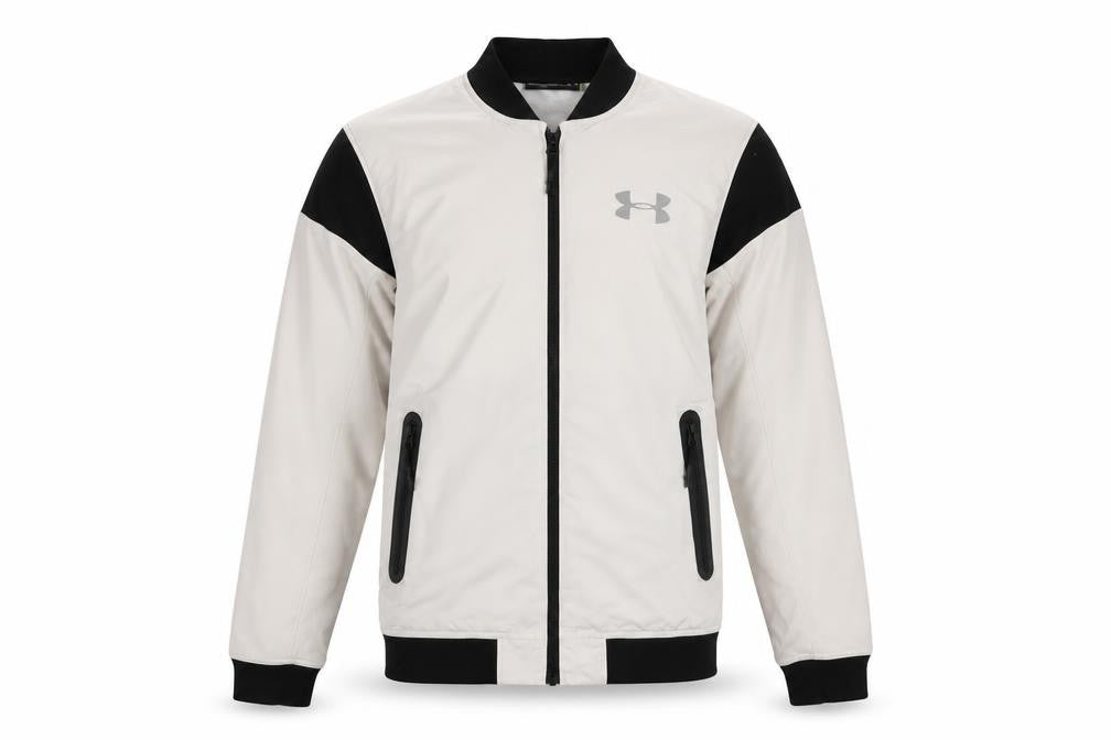 Front view of Under Armour men’s white black bomber jacket small fitted lightweight zip pockets