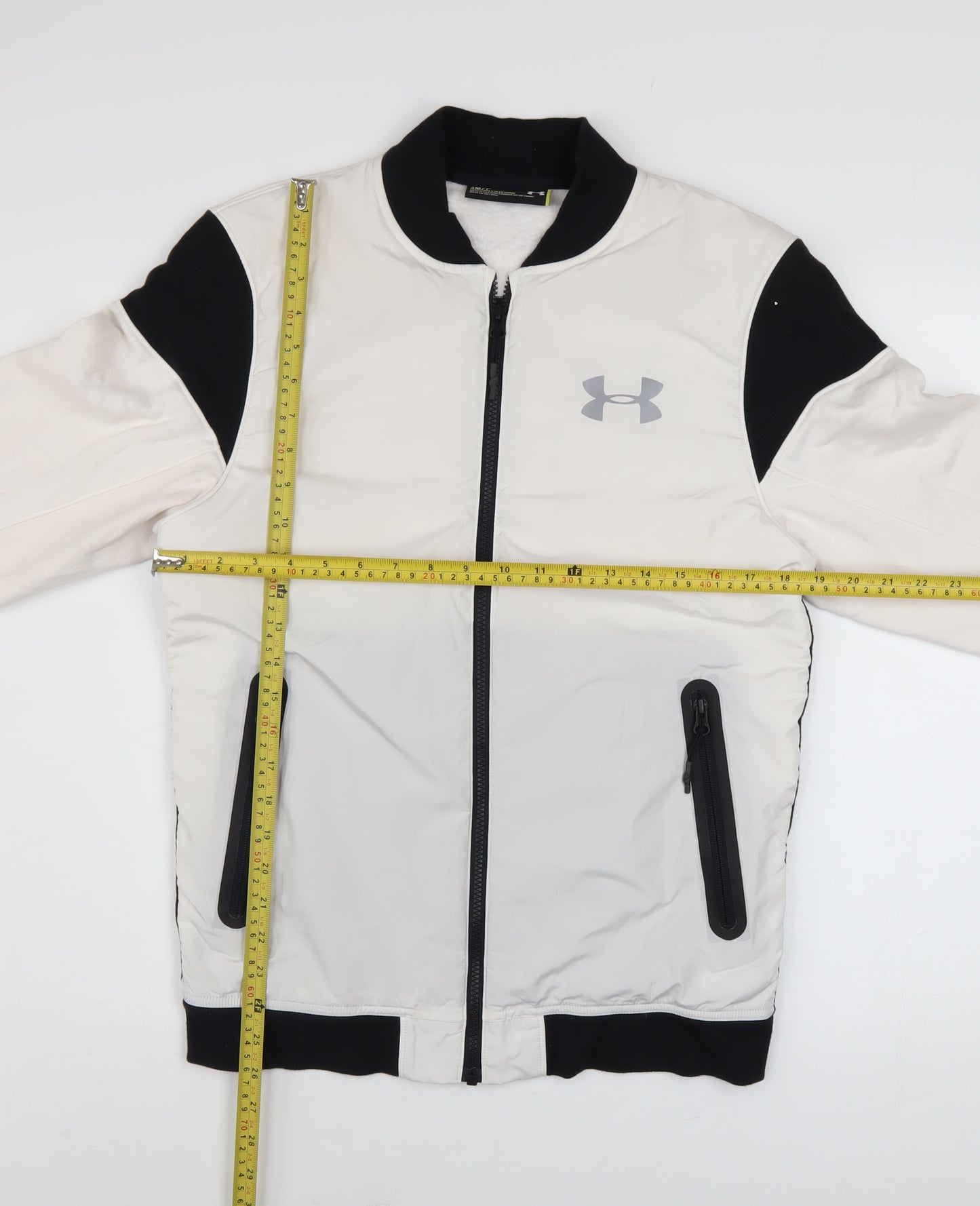 Under Armour Mens White Black Bomber Jacket Small Fitted Lightweight Zip Pockets