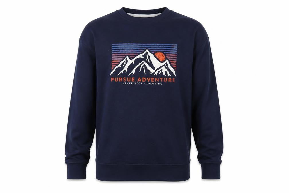 Front view of Kangaroo Poo men’s blue pullover adventure graphic sweatshirt m