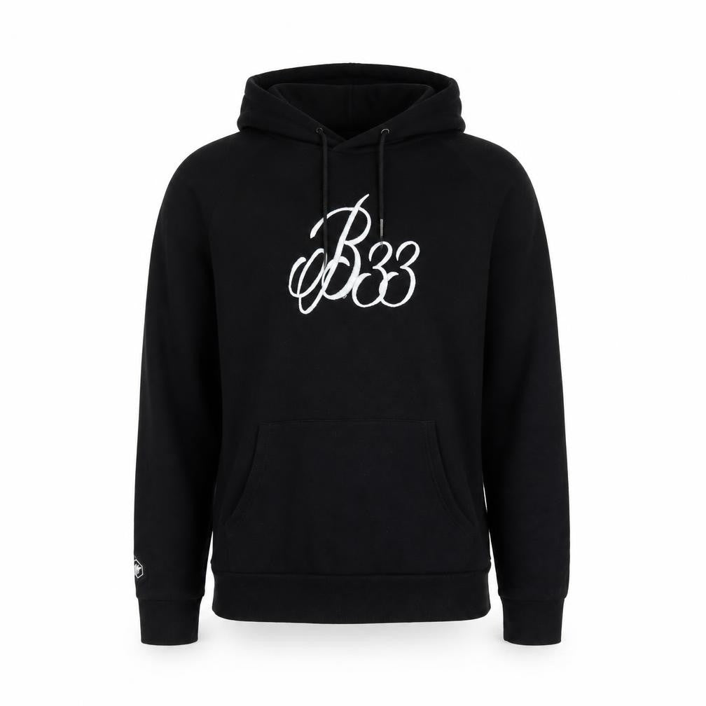 Front view of Bee Inspired Men's Black Embroidered Pullover Hoodie, size M