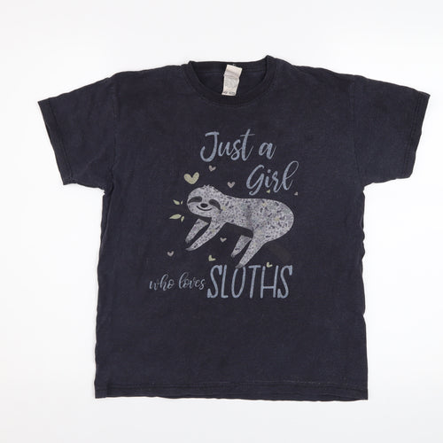 Fruit of the Loom Girls Black Sloth Graphic Cotton T-Shirt 9-11 Years
