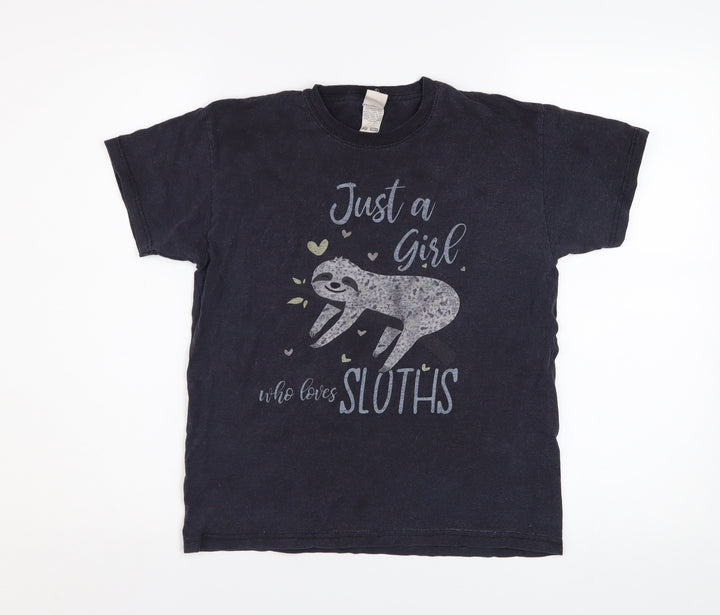 Fruit of the Loom Girls Black Sloth Graphic Cotton T-Shirt 9-11 Years