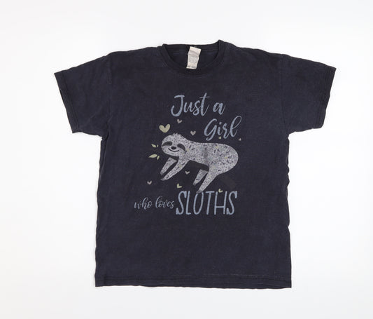 Fruit of the Loom Girls Black Sloth Graphic Cotton T-Shirt 9-11 Years