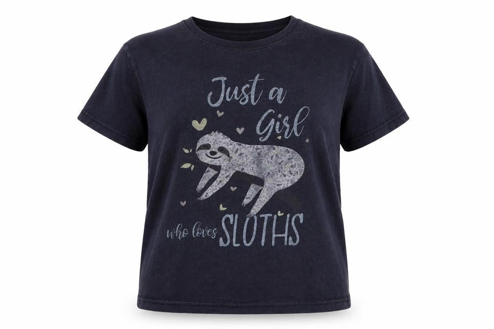Fruit of the Loom Girls Black Sloth Graphic Cotton T-Shirt 9-11 Years