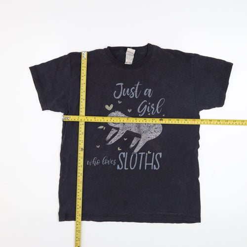 Fruit of the Loom Girls Black Sloth Graphic Cotton T-Shirt 9-11 Years