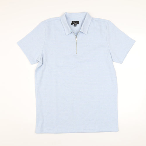 boohooMAN Men’s Blue Short Sleeve Collared Zip Polo Shirt Size M