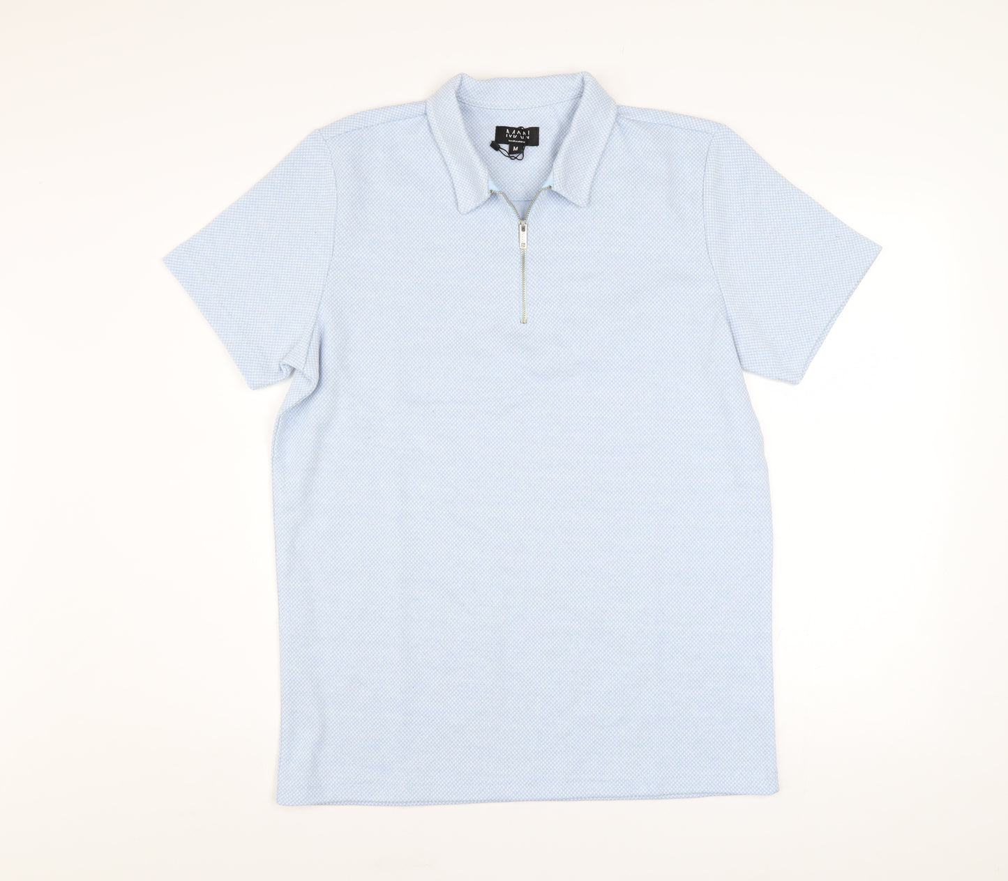 boohooMAN Men’s Blue Short Sleeve Collared Zip Polo Shirt Size M