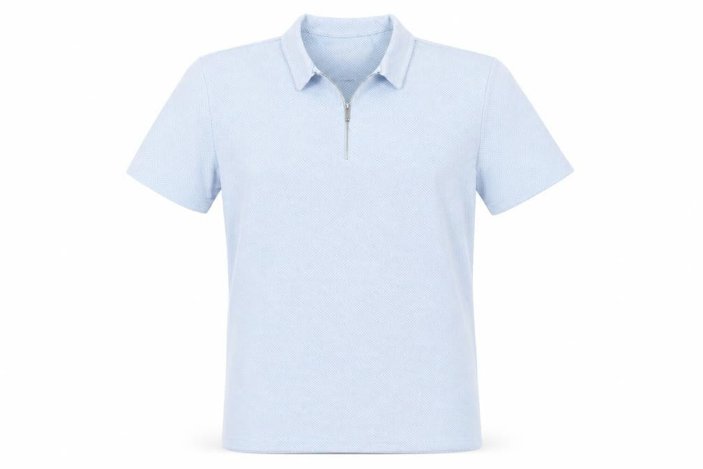 Front view of boohooMAN Men’s Blue Short Sleeve Collared Zip Polo Shirt, size M