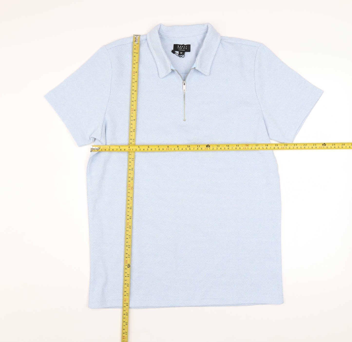 boohooMAN Men’s Blue Short Sleeve Collared Zip Polo Shirt Size M