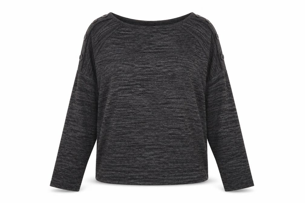 Front view of Peacocks Women's Grey Crew Neck Button Shoulder jumper, size 8