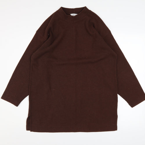 BHS Women Brown Mock Neck Long Sleeve Ribbed Tunic Jumper Size 14-16