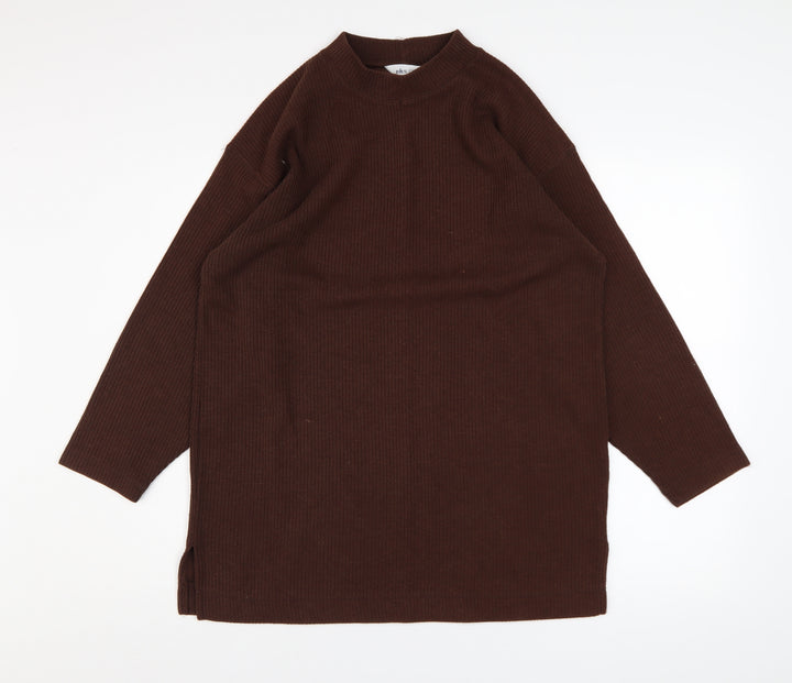 BHS Women Brown Mock Neck Long Sleeve Ribbed Tunic Jumper Size 14-16