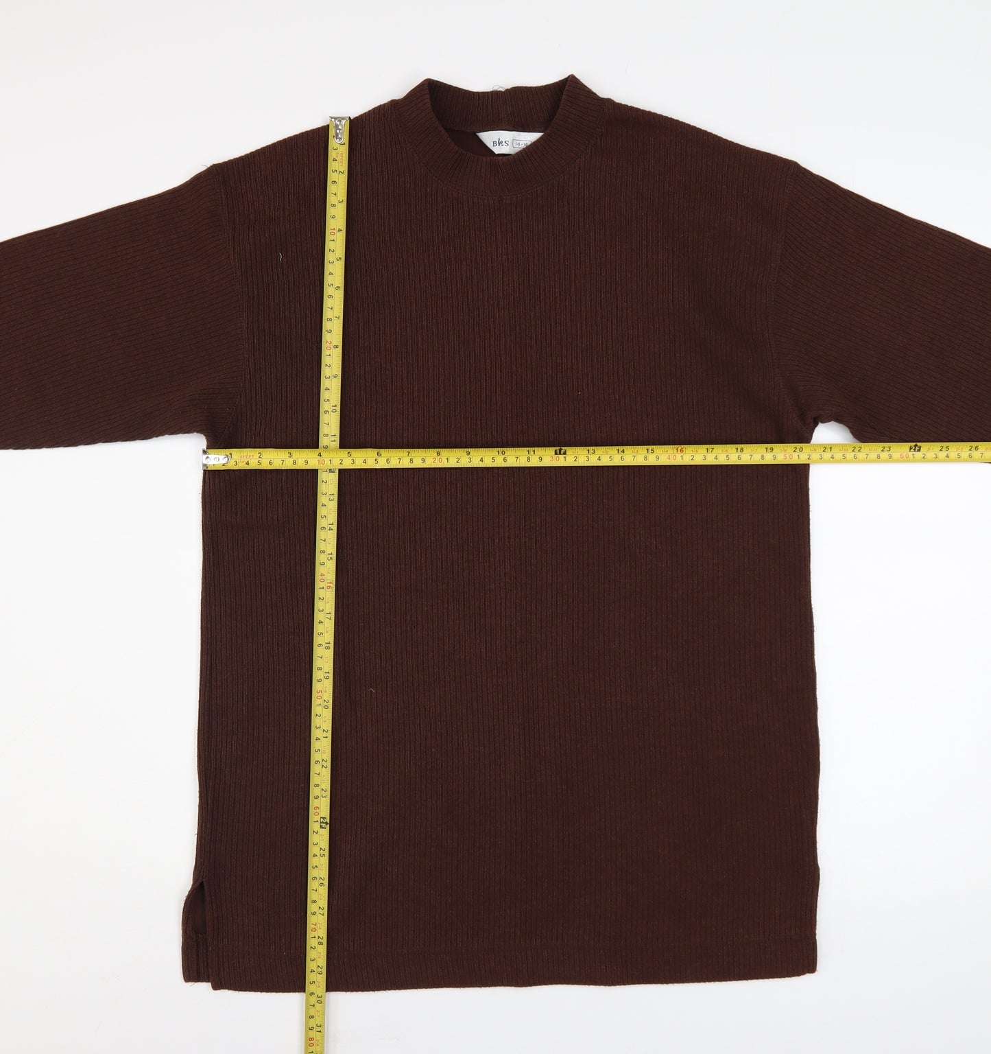 BHS Women Brown Mock Neck Long Sleeve Ribbed Tunic Jumper Size 14-16
