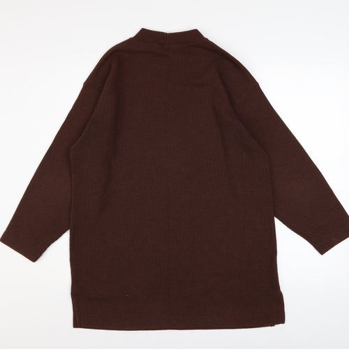 BHS Women Brown Mock Neck Long Sleeve Ribbed Tunic Jumper Size 14-16