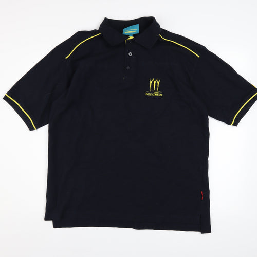 Manchester 2002 Men’s Black Cotton Polo Shirt L Logo Embroidered