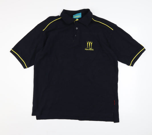 Manchester 2002 Men’s Black Cotton Polo Shirt L Logo Embroidered