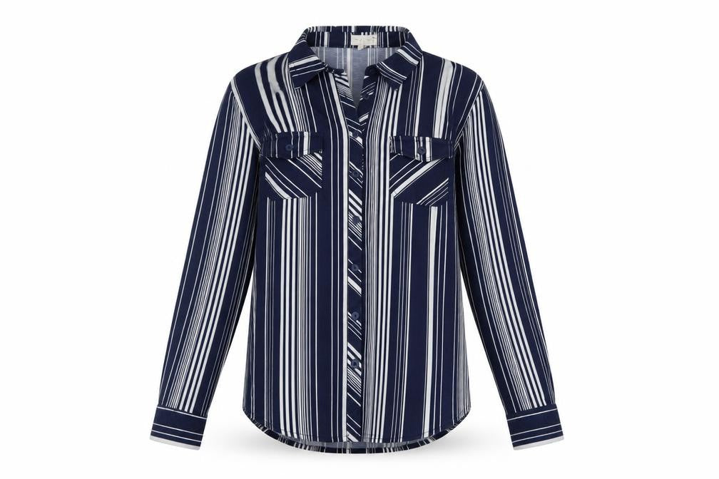 Front view of Madison & Monroe Women's Blue Striped Long Sleeve Button-Up Shirt, size S