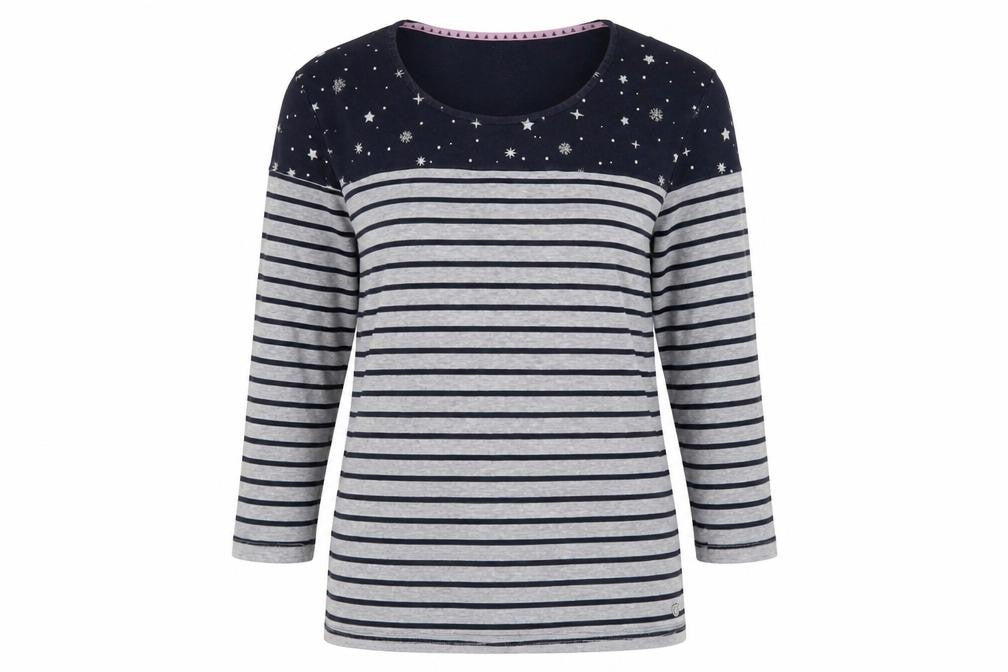 Front view of Maine New England women’s grey stripe star top, size UK 16, pullover