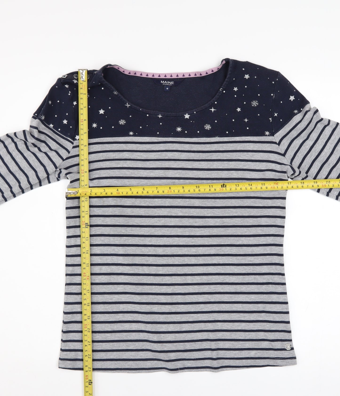 Maine New England Womens Grey Stripe Star Top Size 16 Pullover
