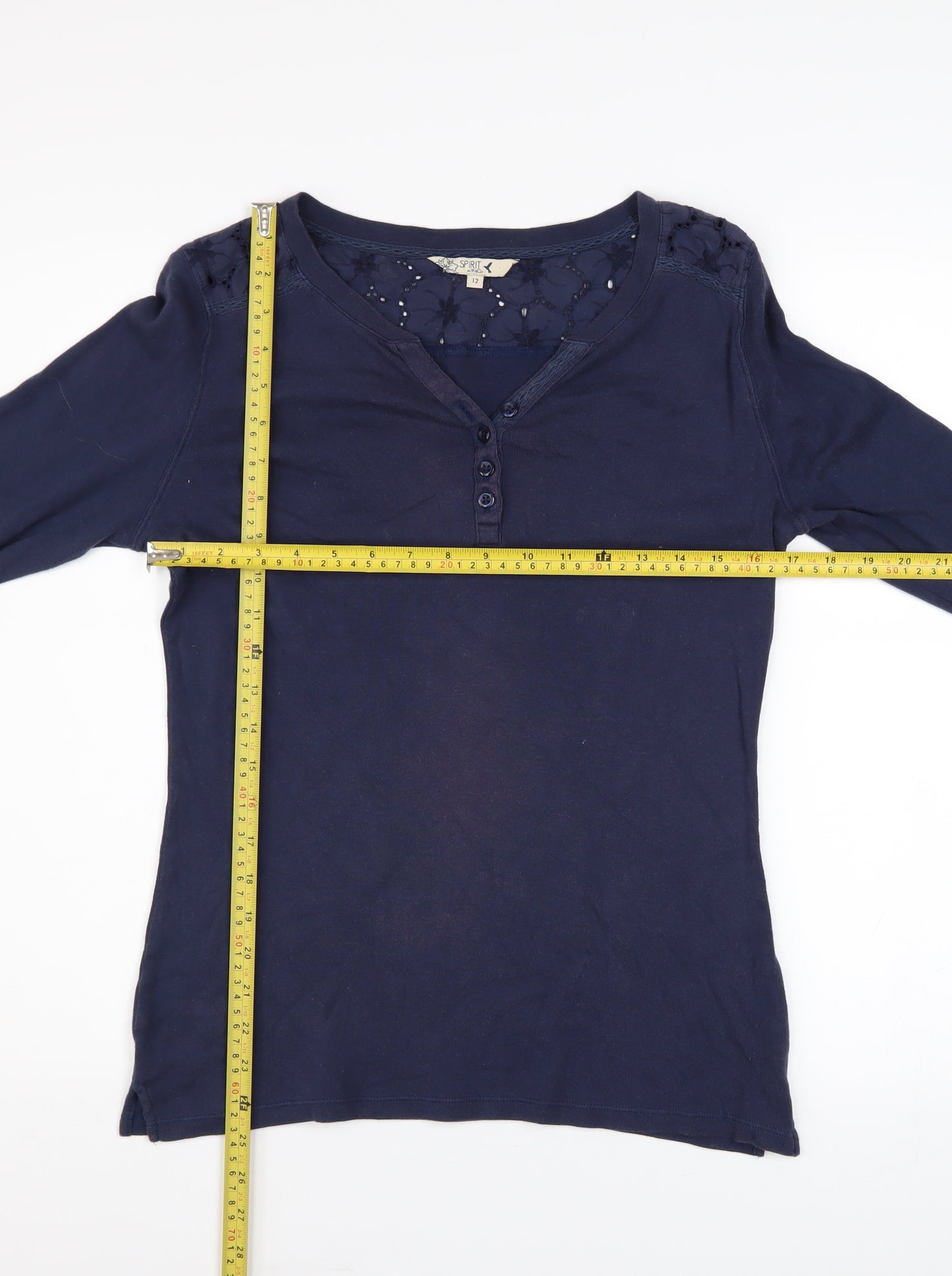 Spirit at M&Co Women's Blue Size 12 Cotton 3/4 Sleeve Button Top
