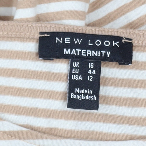 New Look Maternity Beige Striped 3/4 Sleeve Crew Neck Cotton T-Shirt UK 16