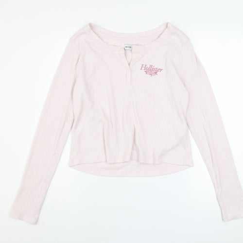 Hollister Women Pink Henley Sweatshirt Medium Long Sleeve