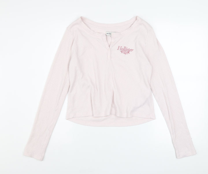 Hollister Women Pink Henley Sweatshirt Medium Long Sleeve
