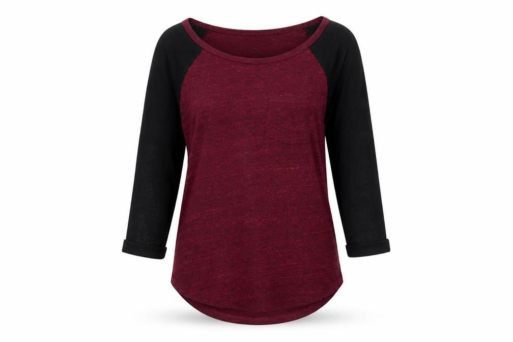 Front view of H&M Divided women’s red black raglan 3/4 sleeve basic t-shirt xs