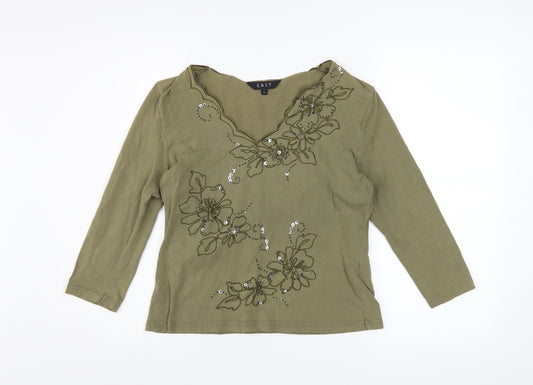 EAST Womens Green Embroidered Sequin Tunic Blouse Size L
