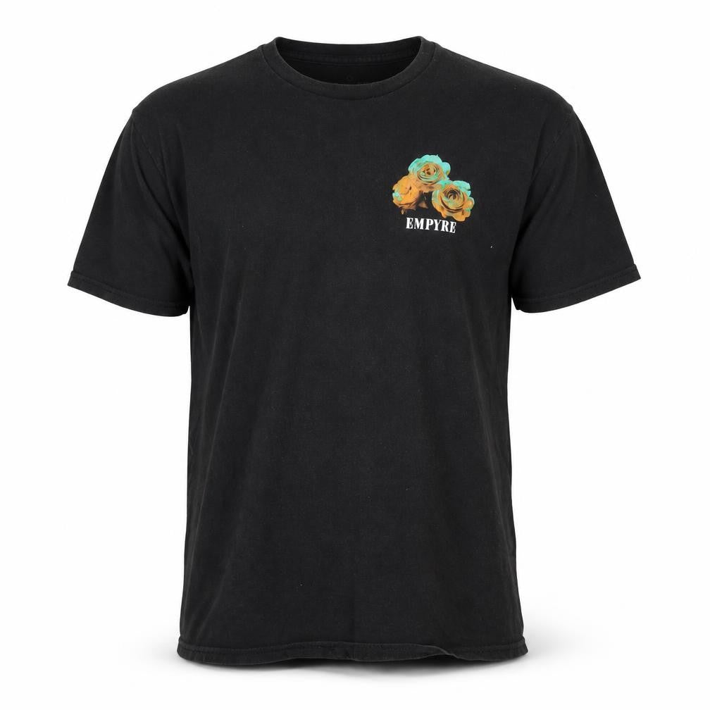 Front view of Empyre Men's Black Graphic Rose Print T-Shirt, size M
