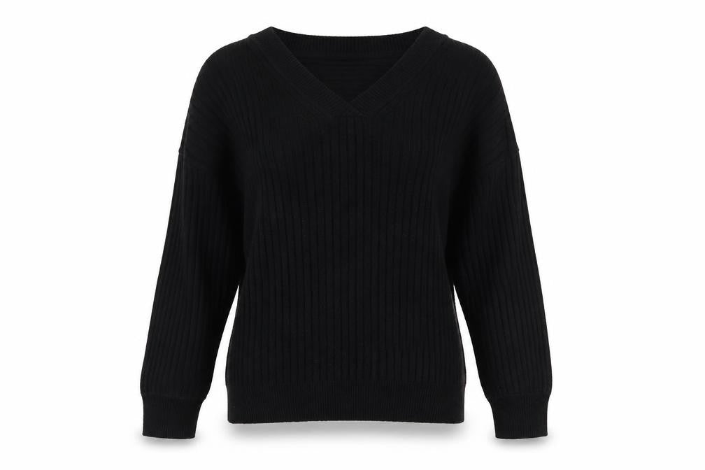 Front view of Next women’s black v-neck ribbed jumper, size L