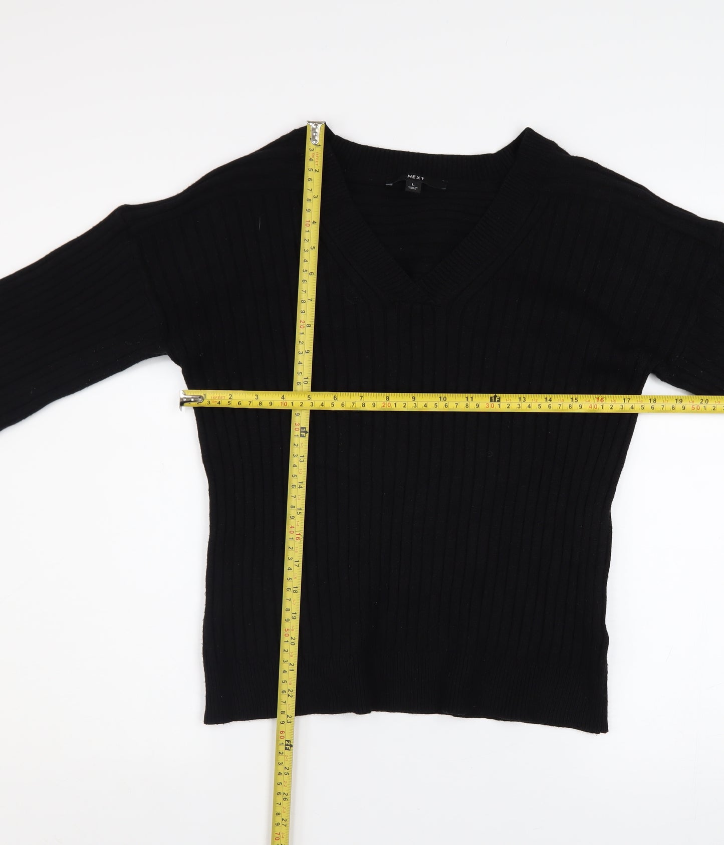 NEXT Womens Black V-Neck Ribbed Pullover Jumper Size L