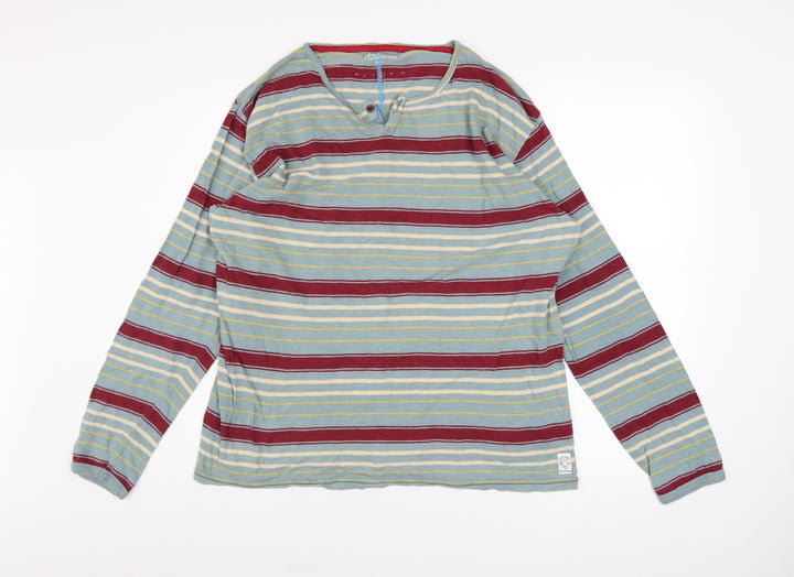 FCUK Mens Multicoloured Striped Long Sleeve Henley Cotton Top Size L