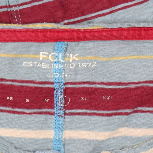 FCUK Mens Multicoloured Striped Long Sleeve Henley Cotton Top Size L