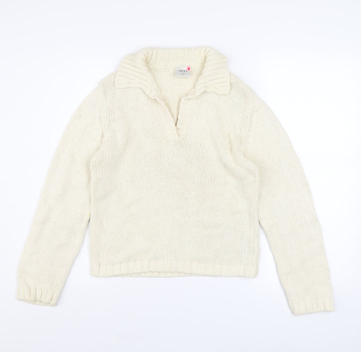 Next Women Ivory Collared Chunky Knit Cotton Pullover Jumper Size S