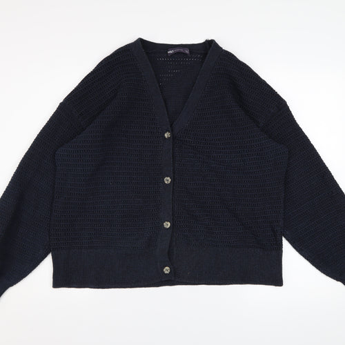 Marks and Spencer Women Blue L Open-Knit Cotton Cardigan