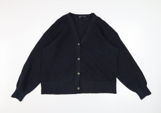 Marks and Spencer Women Blue L Open-Knit Cotton Cardigan