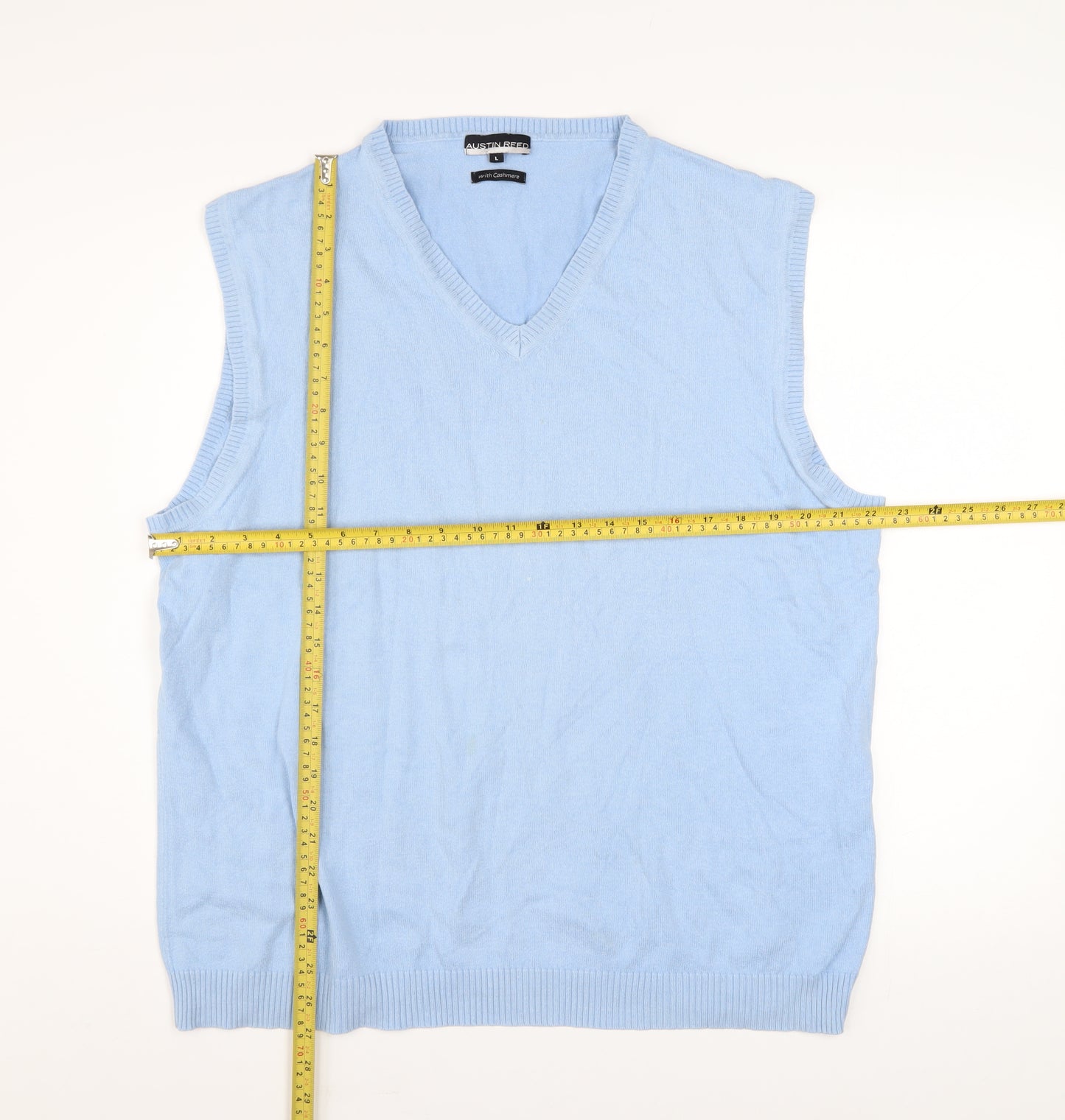 Austin Reed Mens Blue Cotton Cashmere V-Neck Sleeveless Jumper L
