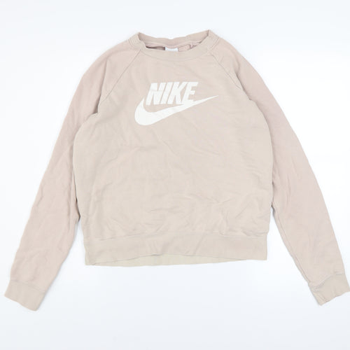 Nike Women Beige Cotton Sweatshirt Small Pullover Crew Neck Logo Design
